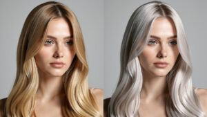Comparaison éditoriale d’une chevelure blonde avec balayage avant et après une patine froide, éclairée par une lumière naturelle douce.