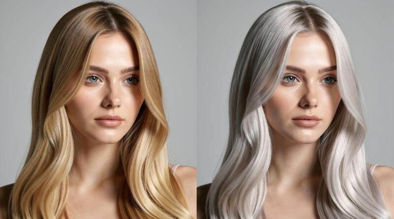 Comparaison éditoriale d’une chevelure blonde avec balayage avant et après une patine froide, éclairée par une lumière naturelle douce.