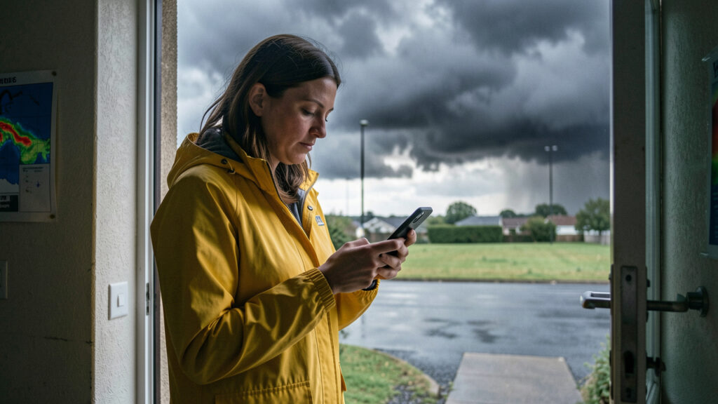 Une femme consulte une carte météorologique abstraite sur son téléphone avant de sortir, tandis qu’un ciel menaçant apparaît au-dehors.