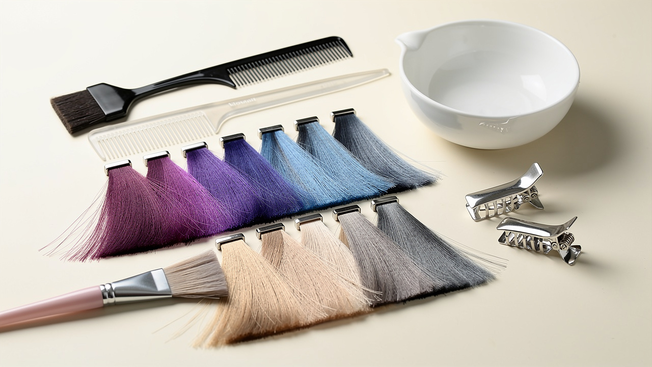 Nuancier de patines pour cheveux dans des tons violets, bleus, beiges et cendrés, accompagné d’un pinceau, d’un bol et d’accessoires de coiffure sur un fond clair.