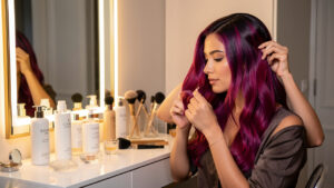 Une femme aux cheveux brillants et colorés arrange sa coiffure près d’une coiffeuse lumineuse entourée de soins capillaires élégants.