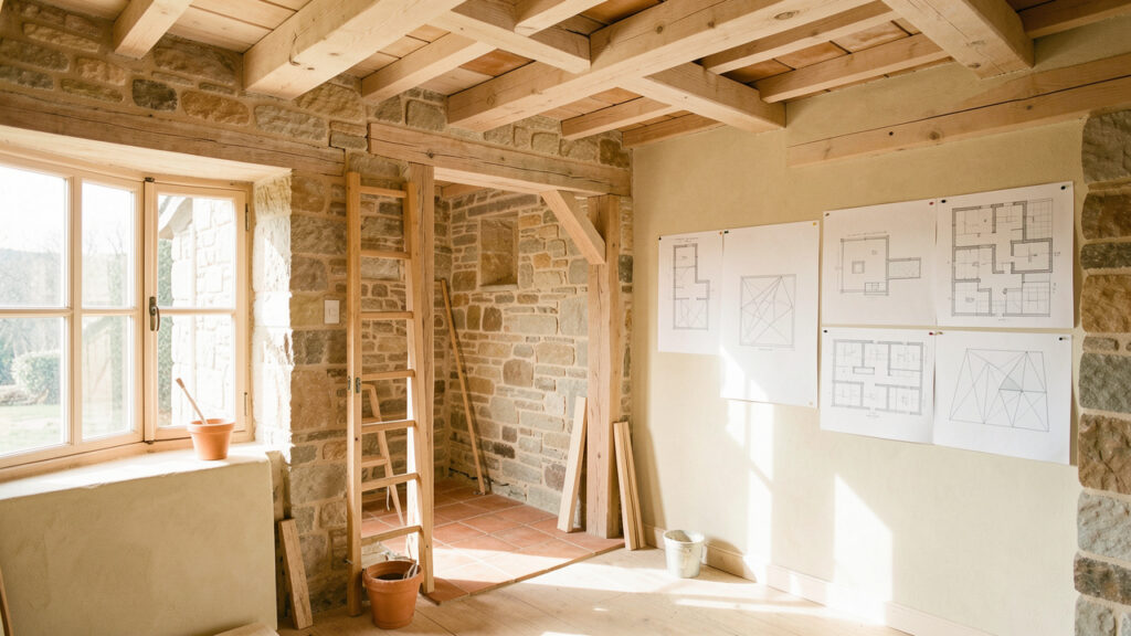 Intérieur lumineux d’une maison ancienne rénovée, avec murs en pierre apparente, matériaux naturels et plans architecturaux disposés sur le chantier.