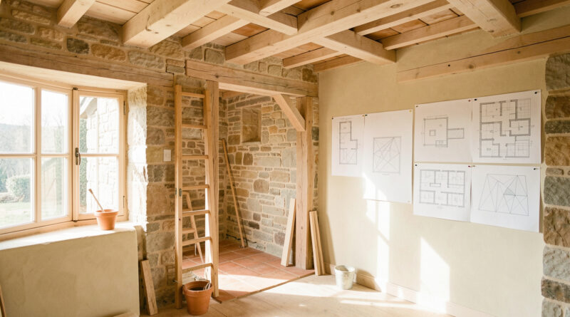 Intérieur lumineux d’une maison ancienne rénovée, avec murs en pierre apparente, matériaux naturels et plans architecturaux disposés sur le chantier.