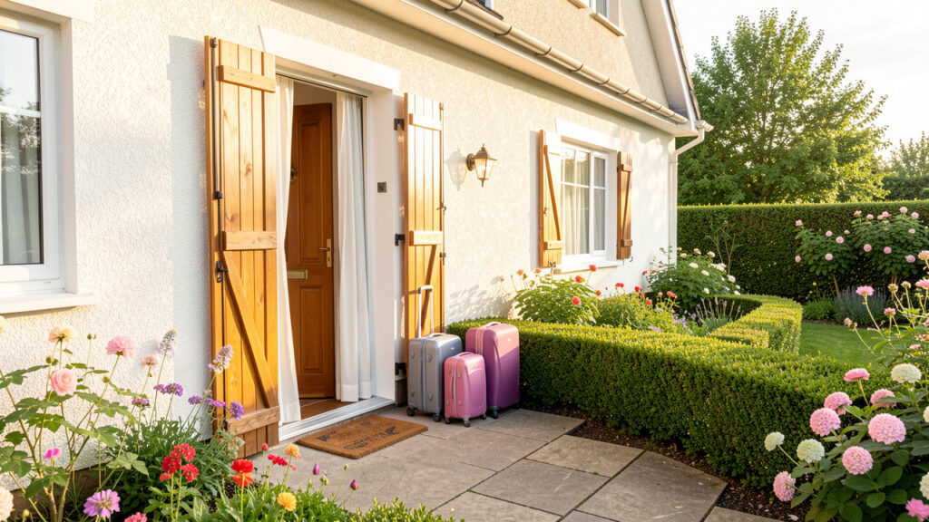 Maison lumineuse prête pour les vacances, avec des valises près de la porte, des volets entrouverts et un jardin soigneusement entretenu.