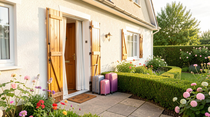 Maison lumineuse prête pour les vacances, avec des valises près de la porte, des volets entrouverts et un jardin soigneusement entretenu.