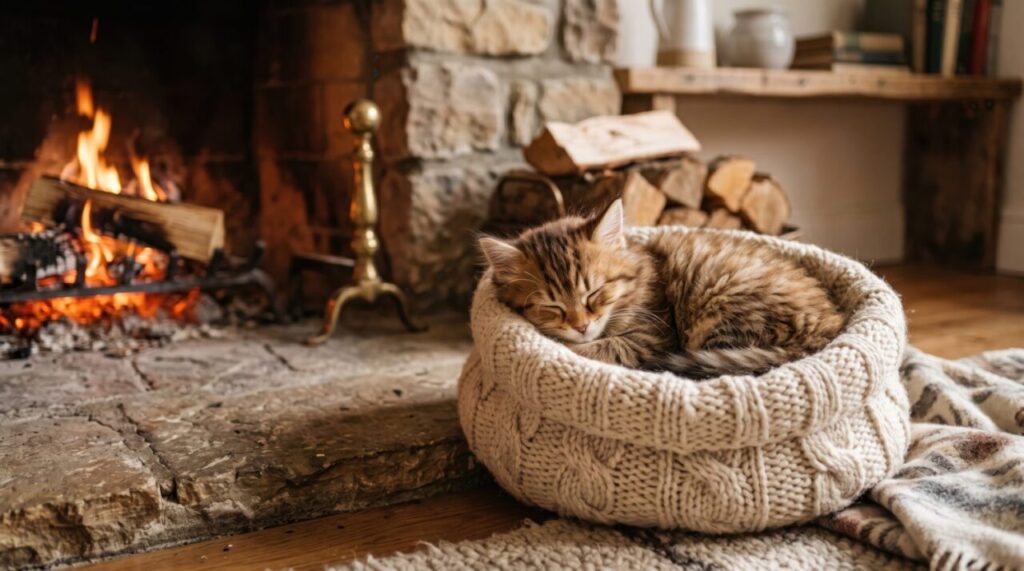 Chat installé dans une cabane douillette en tissu, avec une entrée arrondie.