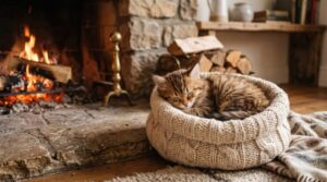 Chat installé dans une cabane douillette en tissu, avec une entrée arrondie.