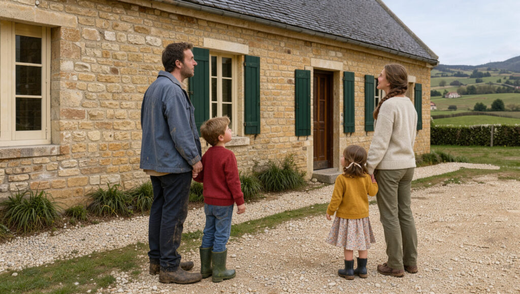 Une famille rurale composée d’un homme, d’une femme, d’un garçon et d’une fille devant une école rénovée en pierre, dans un paysage vallonné de l’Aveyron baigné de lumière naturelle.