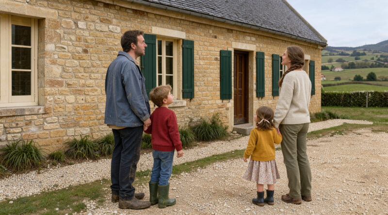 Une famille rurale composée d’un homme, d’une femme, d’un garçon et d’une fille devant une école rénovée en pierre, dans un paysage vallonné de l’Aveyron baigné de lumière naturelle.