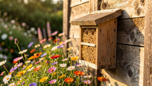 Petit hôtel à abeilles en bois et roseaux fixé sur un mur de jardin ensoleillé, avec des fleurs sauvages au premier plan.