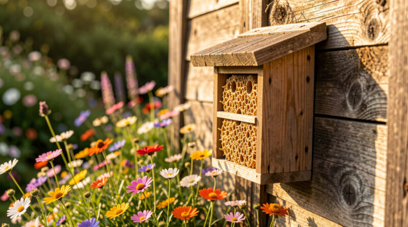 Petit hôtel à abeilles en bois et roseaux fixé sur un mur de jardin ensoleillé, avec des fleurs sauvages au premier plan.