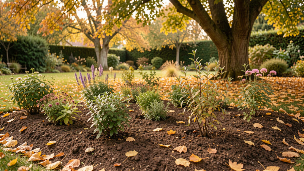 Jardin familial en automne avec des vivaces et de jeunes arbustes plantés dans une terre brune, sous des feuilles dorées et une lumière naturelle douce.