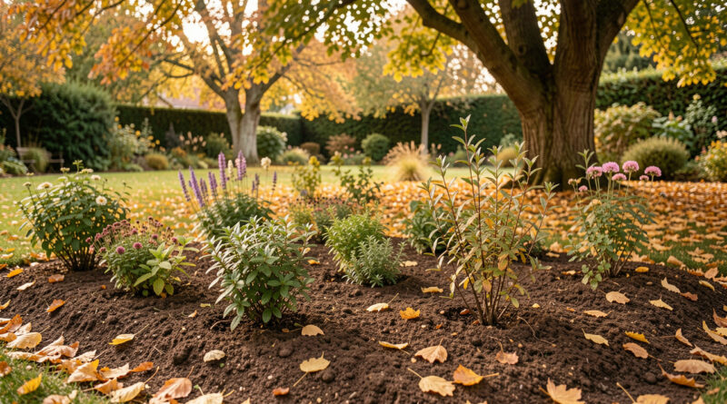 Jardin familial en automne avec des vivaces et de jeunes arbustes plantés dans une terre brune, sous des feuilles dorées et une lumière naturelle douce.