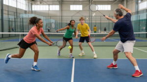 Des joueurs d’âges différents pratiquent le tennis, le badminton et d’autres sports de raquette sur des terrains lumineux dans une ambiance conviviale.