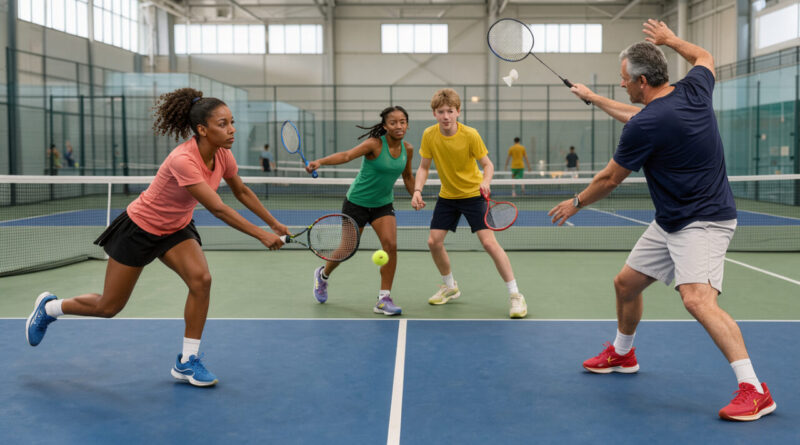 Des joueurs d’âges différents pratiquent le tennis, le badminton et d’autres sports de raquette sur des terrains lumineux dans une ambiance conviviale.