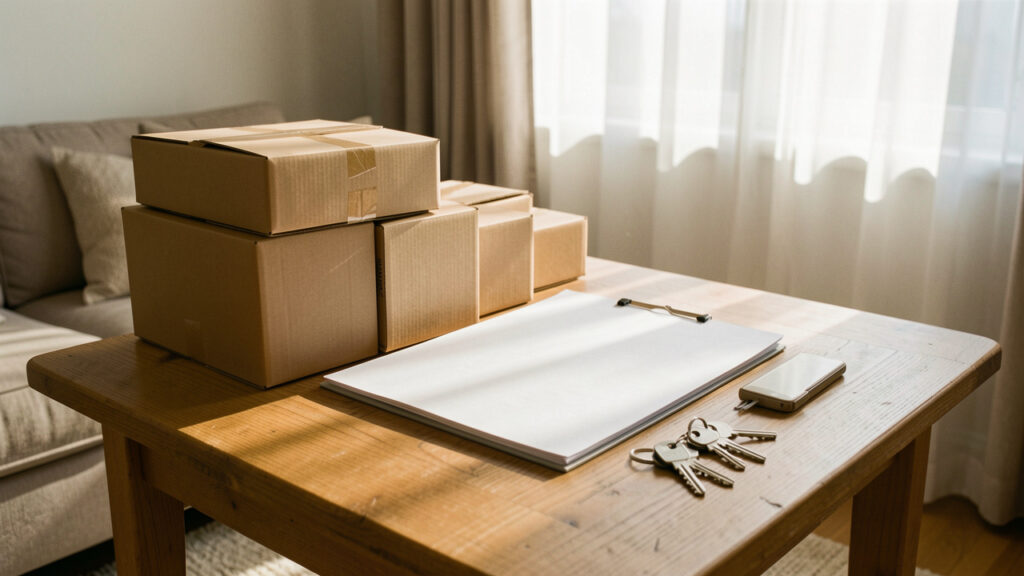 Intérieur lumineux et calme d’une maison familiale avec des cartons bien rangés, un dossier administratif sans inscription et des clés posées sur une table.