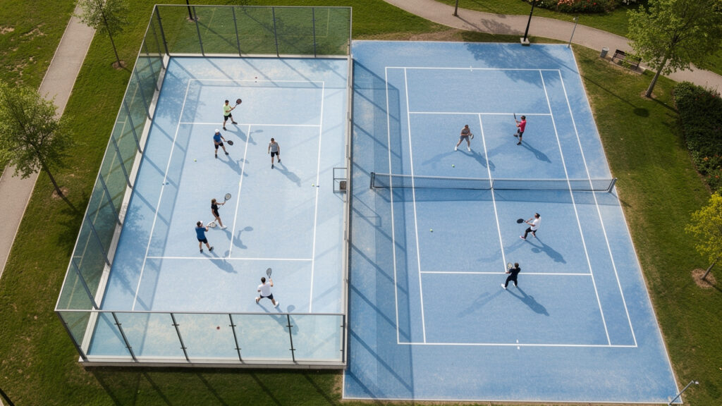 Vue aérienne de deux terrains voisins : un court de padel vitré et un court de tennis, avec des joueurs débutants en tenue sportive.