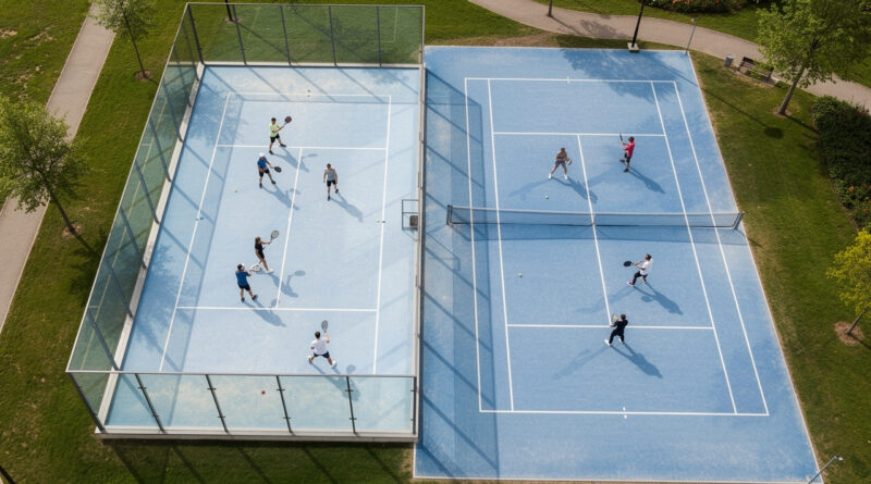 Vue aérienne de deux terrains voisins : un court de padel vitré et un court de tennis, avec des joueurs débutants en tenue sportive.